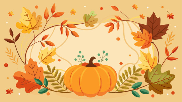 Hand-drawn autumn pumpkin and colorful fall leaves illustration
