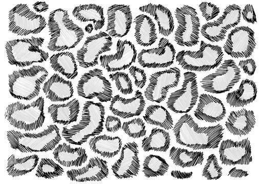 Set of chaotic spots filled with stroke texture. Spots of different sizes and shapes. Filled with gray color. And wide outline of black strokes. All strokes have different directions. White background