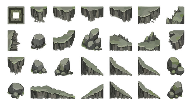 Stone platform game assets, 28 rock cliff and floating island vector elements, grey mountain terrain tiles for 2D platformer level design