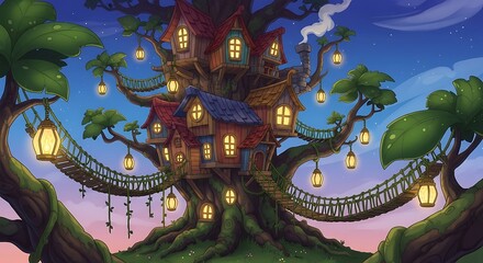 Obraz premium Enchanting treehouse village at dusk with lanterns and bridges, suspension bridg