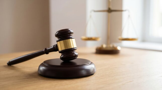 Dark wood gavel with gold band on round base with brass scales of justice in background on wooden table