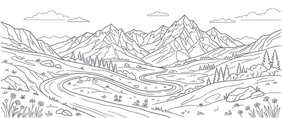 Fototapeta premium Outline illustration of mountain landscape with winding road and trees.