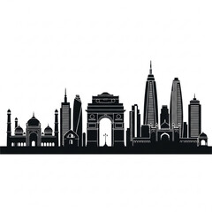 Obraz premium A black and white vector graphic illustration of a city skyline with iconic buildings and skyscrapers