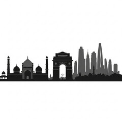 Fototapeta premium A black and gray silhouette of the New Delhi skyline with famous landmarks and modern skyscrapers