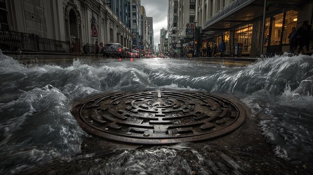 Water erupts violently from a manhole, flooding a city street with dramatic force. The intense image captures chaos, nature&rsquo;s power, and urban vulnerability during a storm.