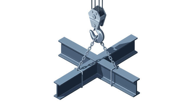 Industrial crane hook lifting a cross of sturdy I-beams connected by chains, a detailed illustration depicting heavy construction operations and structural steel assembly, emphasizing precision