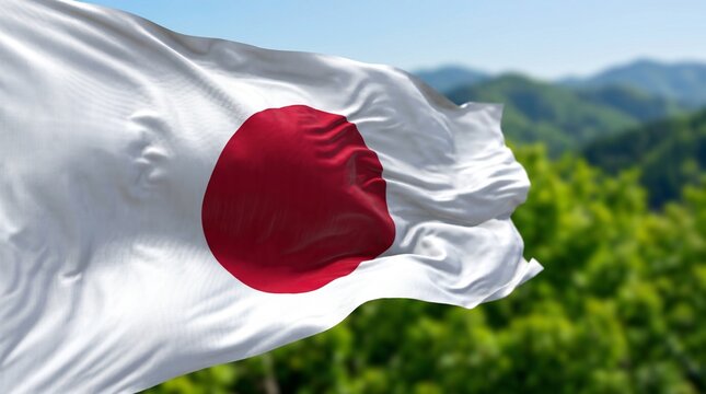 Japanese national flag waves outdoors with red sun circle on white field, green trees and distant mountains beneath clear sky, symbolizing identity, heritage, and cultural pride.