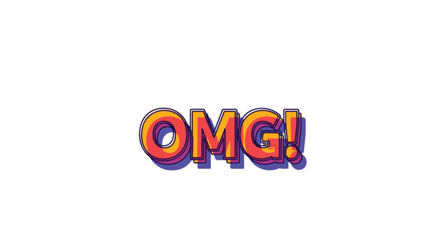 Vibrant orange and purple bubble text spelling out the exclamation omg with shadow effects to express surprise or shock in communication.