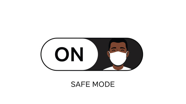 User interface toggle switch shown in the on position with safe mode text and an image of a man wearing a face mask for health protocols.