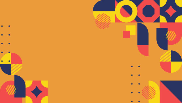 Vibrant abstract background featuring neo memphis style geometric shapes and colorful patterns on an orange canvas