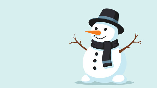 Happy cartoon snowman with a black top hat and a matching black scarf standing outdoors on a light blue background.