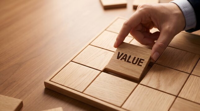 Hand placing wooden block with value text in puzzle grid