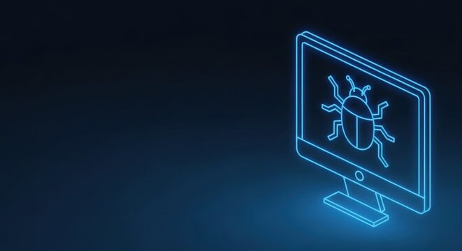 Digital computer screen displaying a glowing neon bug icon, representing cybersecurity threat or malware infestation.