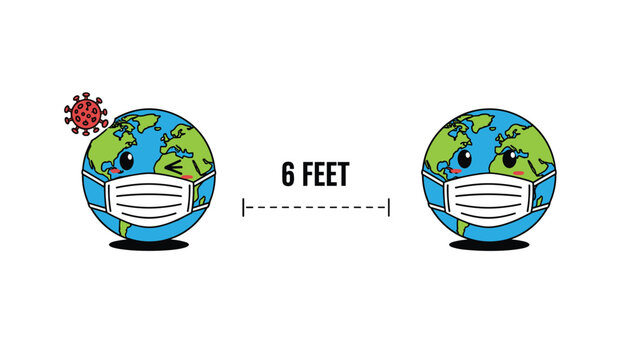 Two cartoon earth characters wearing medical masks and keeping a safe six feet social distance apart from each other.