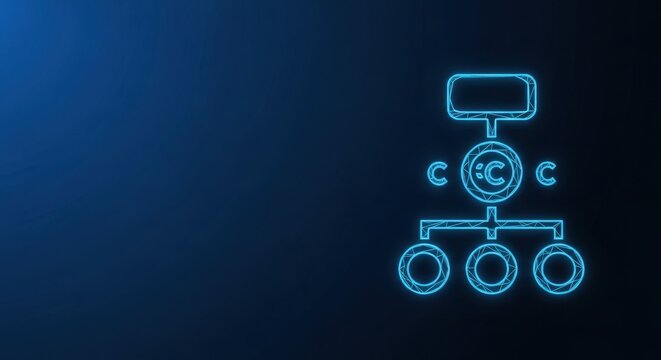 Glowing blue hierarchical organizational chart diagram with interconnected nodes against a dark abstract background