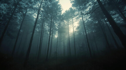Naklejka premium A cinematic view of a dense pine forest shrouded in thick morning mist with soft sunlight filtering through the tall tree trunks.