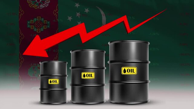 Oil Price Decline with Turkmenistan Flag and Falling Crude Barrel Trend