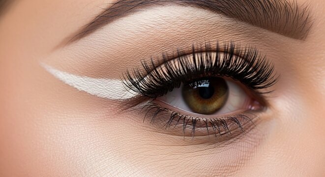 Close-up of a beautiful eye with dramatic white eyeliner and long lashes.