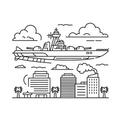 Naklejka premium Line art depiction of a ship sailing near a coastal cityscape