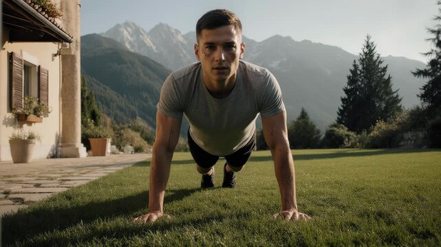 man doing push ups in a beautiful home backyard with mountain views, healthy lifestyle and morning workout routine, athletic male exercising outdoors in a peaceful residential setting.