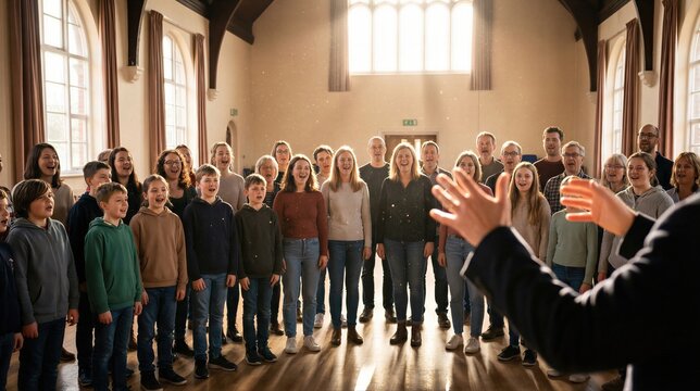A large group of men, women, and children singing in a church hall. Christian worship music or community choir practice. Contemporary faith and spiritual connection.