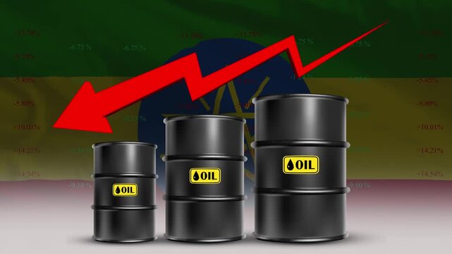 Oil Price decrease with Ethiopia Flag and Rising Crude Barrel Trend