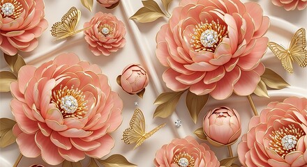 Fototapeta premium A beautiful arrangement of pink flowers and golden butterflies on a soft fabric background 3d wallpaper for wall design