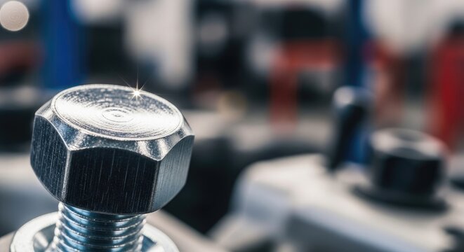 Close-up of a shiny metal bolt head with a hexagonal nut, industrial setting.