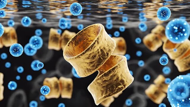 Medical CGI Visualization of Saliva Composition Concept Elements in Blue and Gold Tones on a Dark Background with Reflective Water Surface for Educational and Healthcare Presentations