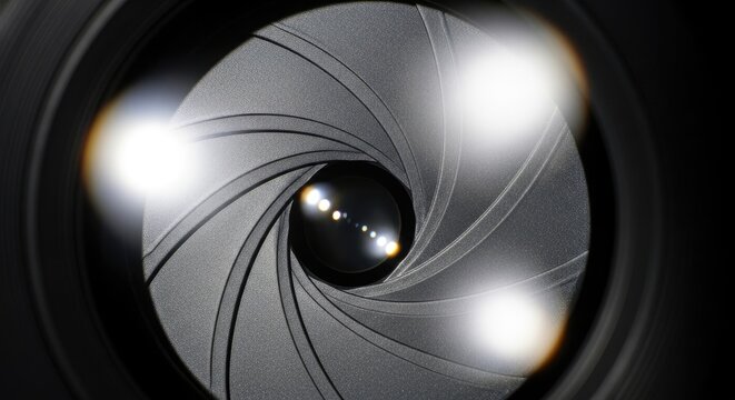 Close-up of a camera lens aperture with bright light reflections.