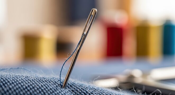 Close-up of a sewing needle piercing blue fabric with colorful threads in the background.