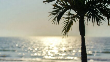 Fototapeta premium Single palm trunk silhouetted by glowing sunlight on sea