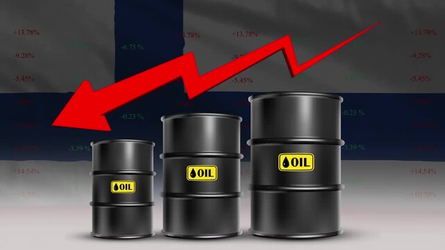 Oil Price Decline with Finland Flag and Falling Crude Barrel Trend