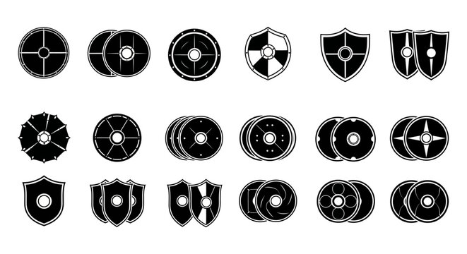 Collection of vintage viking and medieval shields and round swords isolated black icons on white background graphic design elements for history and fantasy themes retro warrior