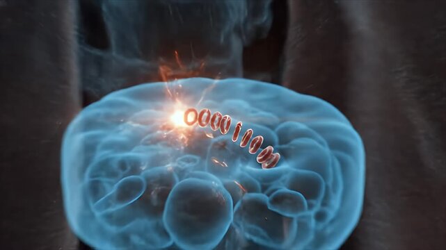 Microscopic CGI animation of red blood cells flowing through a capillary with glowing electrical sparks signifying energy transfer within a stylized blue cellular environment on a dark background