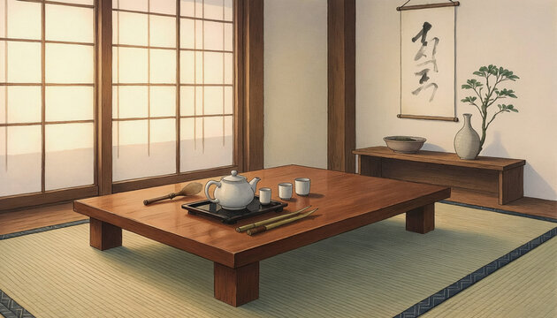 Traditional japanese tea room with tatami mats