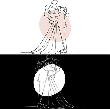 Elegant minimalist line art illustration of a couple dancing at a wedding reception, with a soft peach circle accent