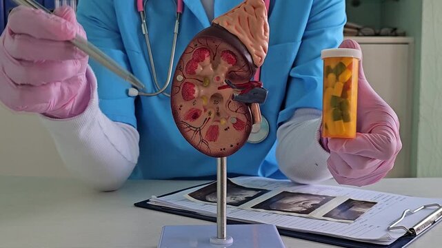 Doctor explains kidney health while showing model and medication during a consultation session