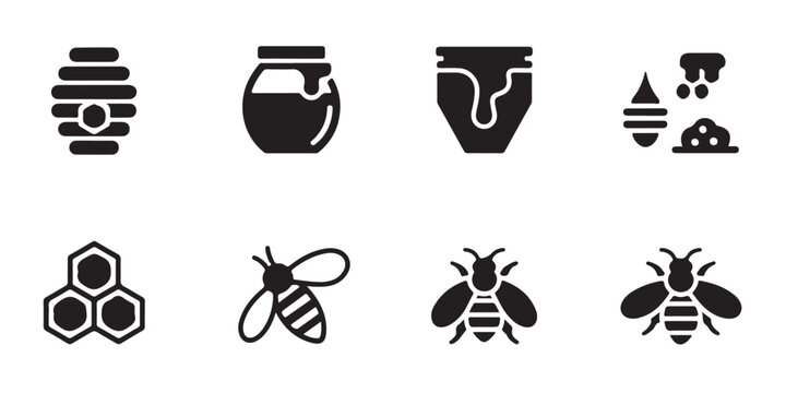 Eight black honey and bee related icons, collection of apiary and natural product symbols.