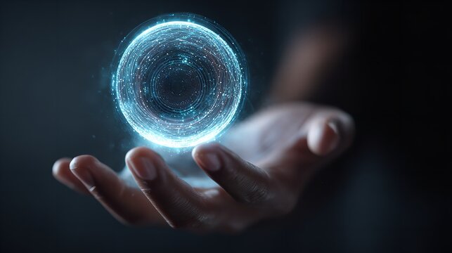 Hand holding glowing futuristic digital sphere depicting global technology and innovation.