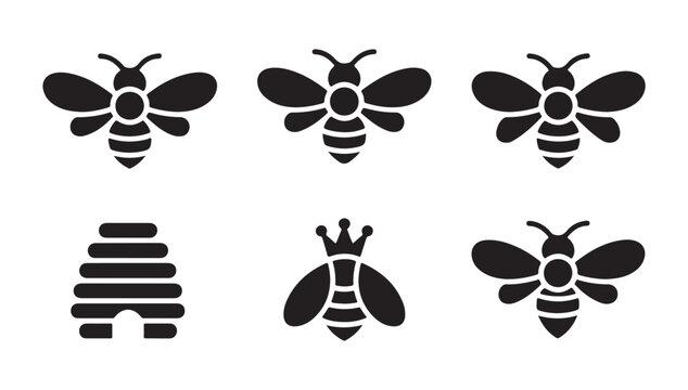Collection of black bee icons and hive shapes in clean silhouette vector style.