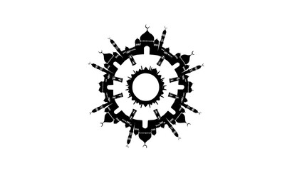 Islamic mosque skyline silhouette vector with minarets domes and crescent moon architecture isolated on white © MstBrishti