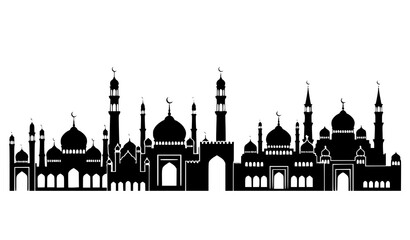Islamic mosque silhouette circular composition with domes minarets and crescent symbols vector isolated on white © MstBrishti