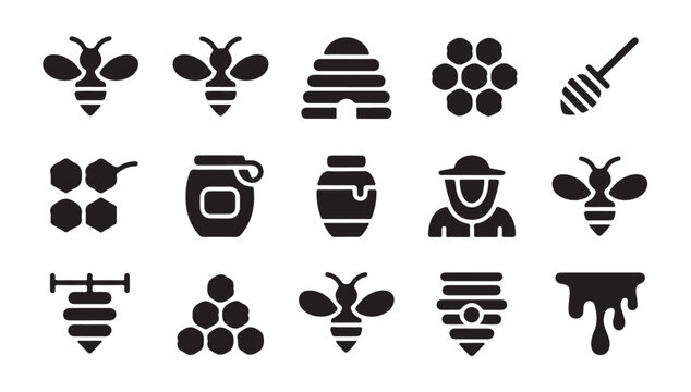 Honey and beekeeping equipment icons set with beehive and wooden dipper silhouettes vector.