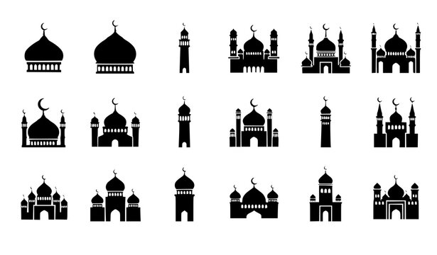 Islamic mosque silhouette icon set with domes minarets and arabic architecture isolated on white background