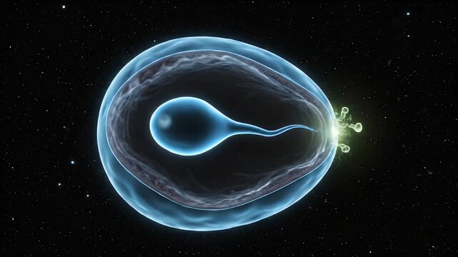 Microscopic view of a sperm cell approaching and penetrating an ovum, representing fertilization and conception in a dark starry background with glowing particles