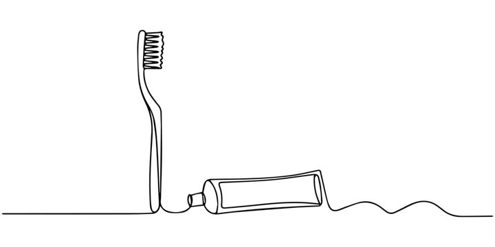 toothbrush and toothpaste tube continuous one line drawing, Single line drawing of toothbrush and toothpaste tube, One continuous single drawing line art flat doodle dental, care, tooth, toothbrush