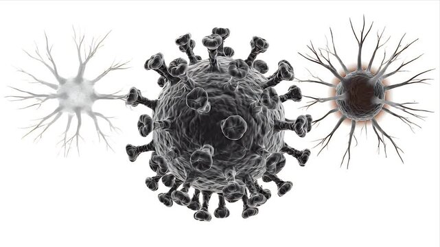 Microscopic view of a spherical coronavirus virion with spike proteins and two other similar pathogen cells against a white background in scientific illustration