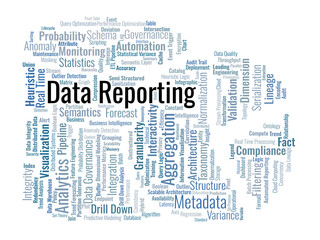 Obraz premium Data Reporting Word Cloud. A visual summary of analytical pipelines, statistical logic, dimensional modeling, and strategic information processing for high-performance smart systems.