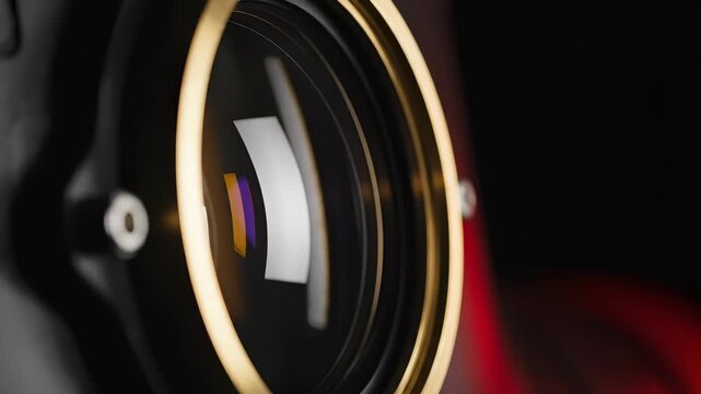 Close-up of a camera lens with a golden ring and reflections.